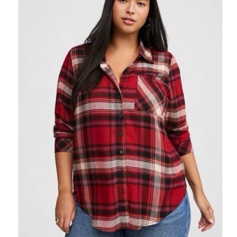 Torrid Lizzie Red Plaid Button-Up Flannel Shirt Size 1X Festival Preppy Grunge